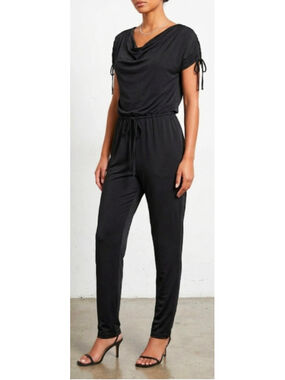 NWT GO International Slinky Black Cowl Neck Jumpsuit Drawstring Ruched Size M